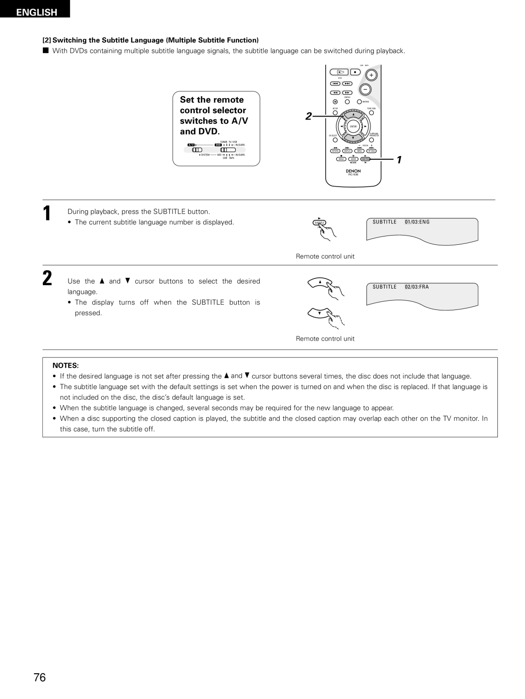 Denon D-M51DVS, ADVM51, ADV-M51 manual Switching the Subtitle Language Multiple Subtitle Function 