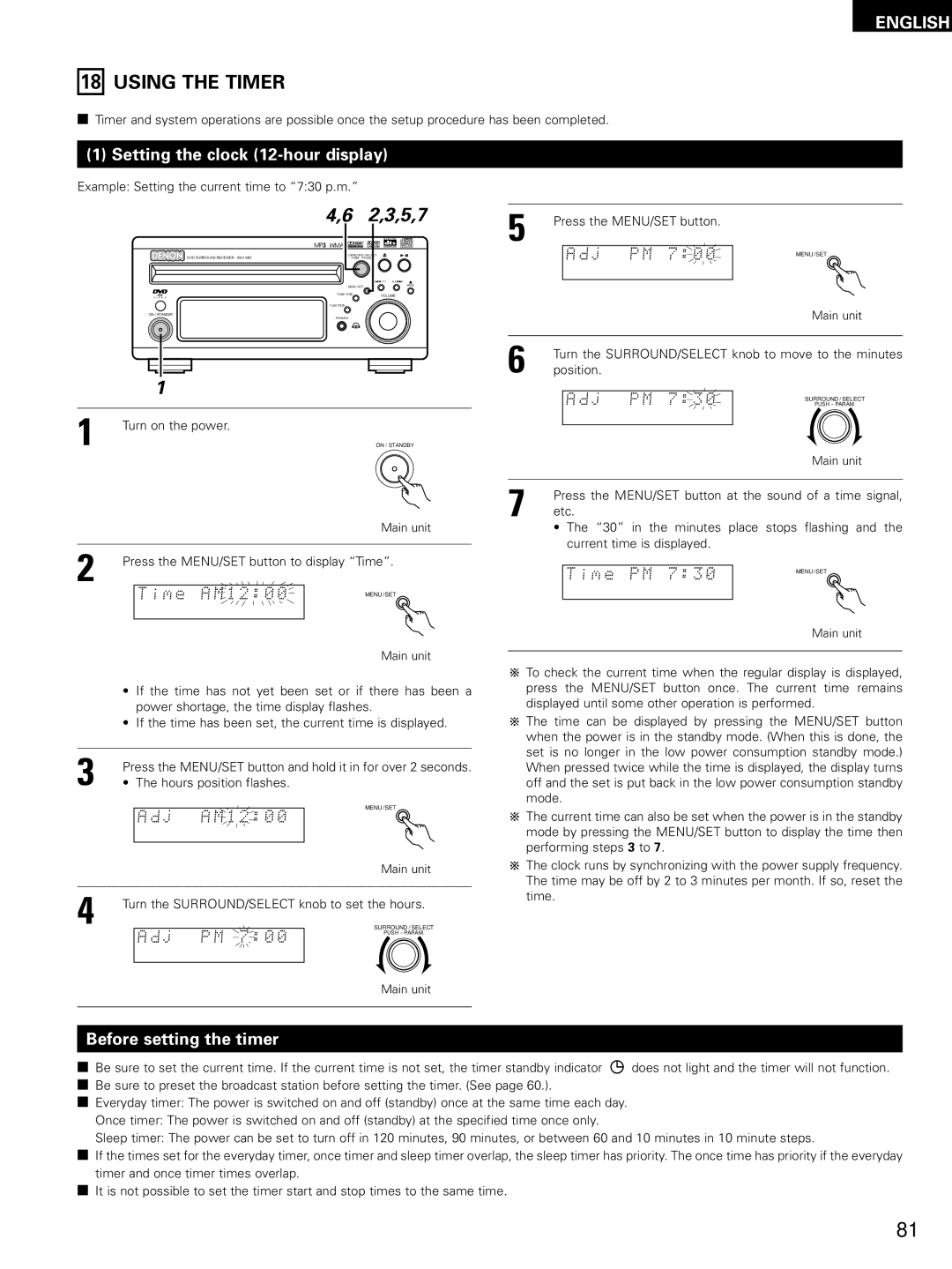 Denon ADV-M51 manual Using the Timer, Setting the clock 12-hour display, Before setting the timer, M e a M 1 2, M e P M 7 3 