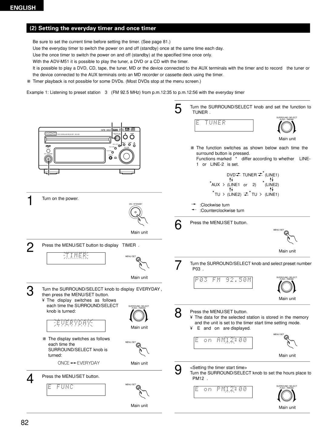 Denon D-M51DVS, ADVM51, ADV-M51 manual Setting the everyday timer and once timer, FM 92 M, AM1200, PM1200 