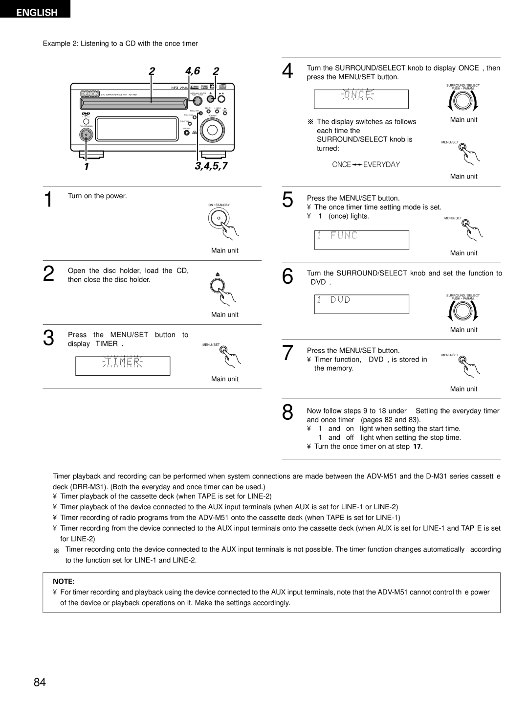 Denon D-M51DVS, ADVM51, ADV-M51 Example 2 Listening to a CD with the once timer, Each time SURROUND/SELECT knob is, Memory 