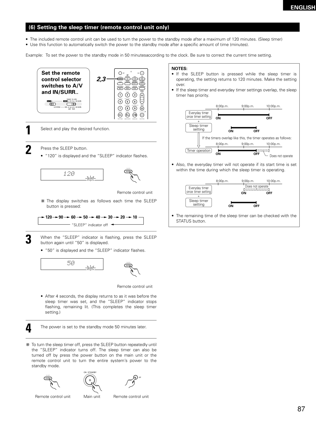Denon ADV-M51 Setting the sleep timer remote control unit only, When the Sleep indicator is flashing, press the Sleep 