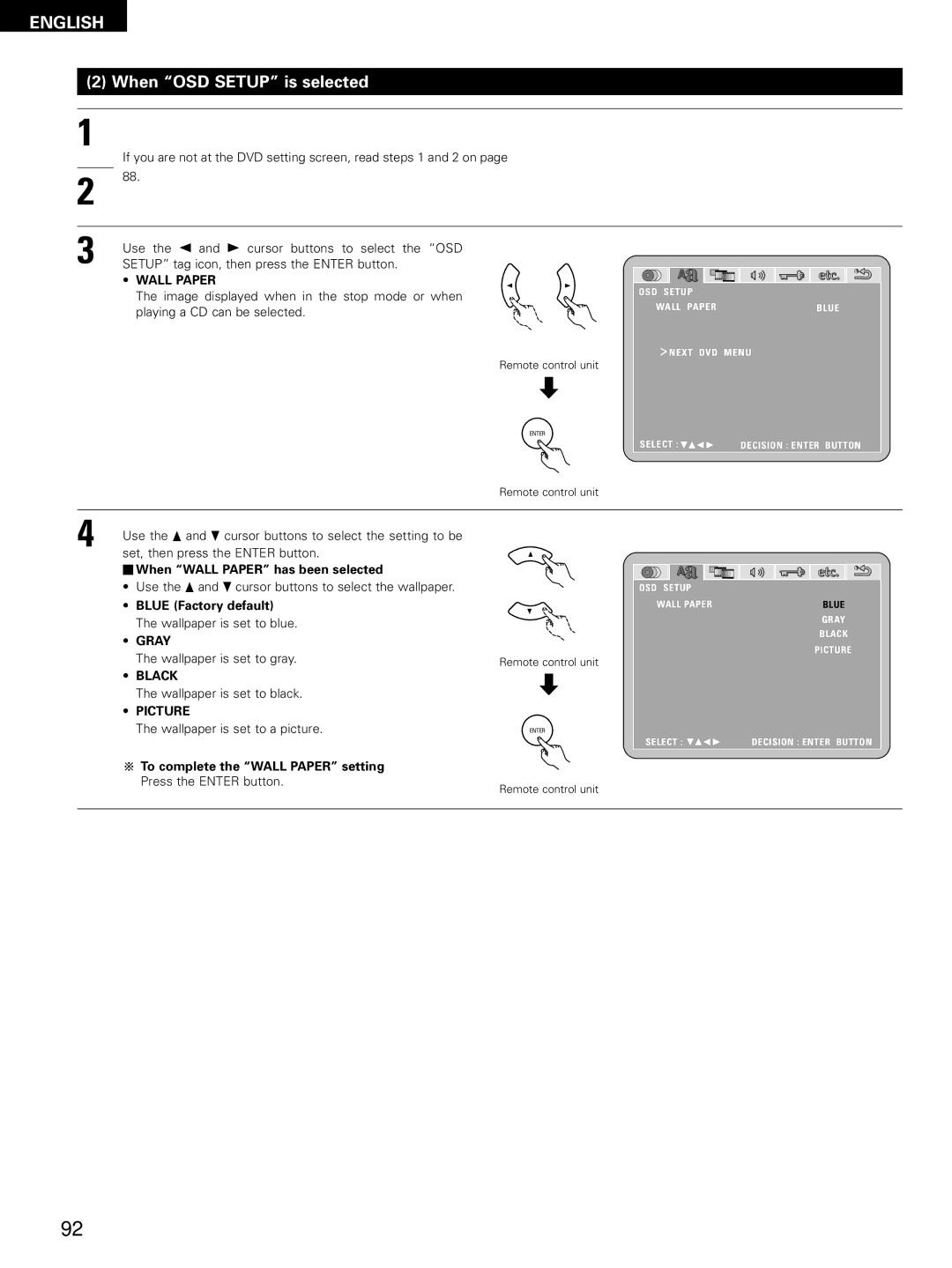 Denon D-M51DVS, ADVM51, ADV-M51 manual When OSD Setup is selected, Wall Paper, Gray, Black, Picture 