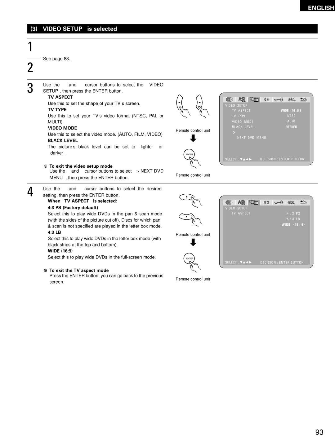 Denon ADV-M51, D-M51DVS, ADVM51 manual Video Setup is selected, TV Aspect, TV Type, Video Mode, Black Level 