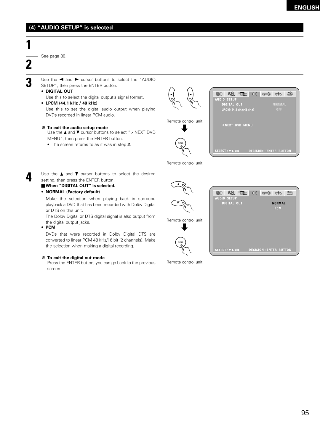 Denon ADV-M51, D-M51DVS, ADVM51 manual Audio Setup is selected, Digital OUT, Pcm 