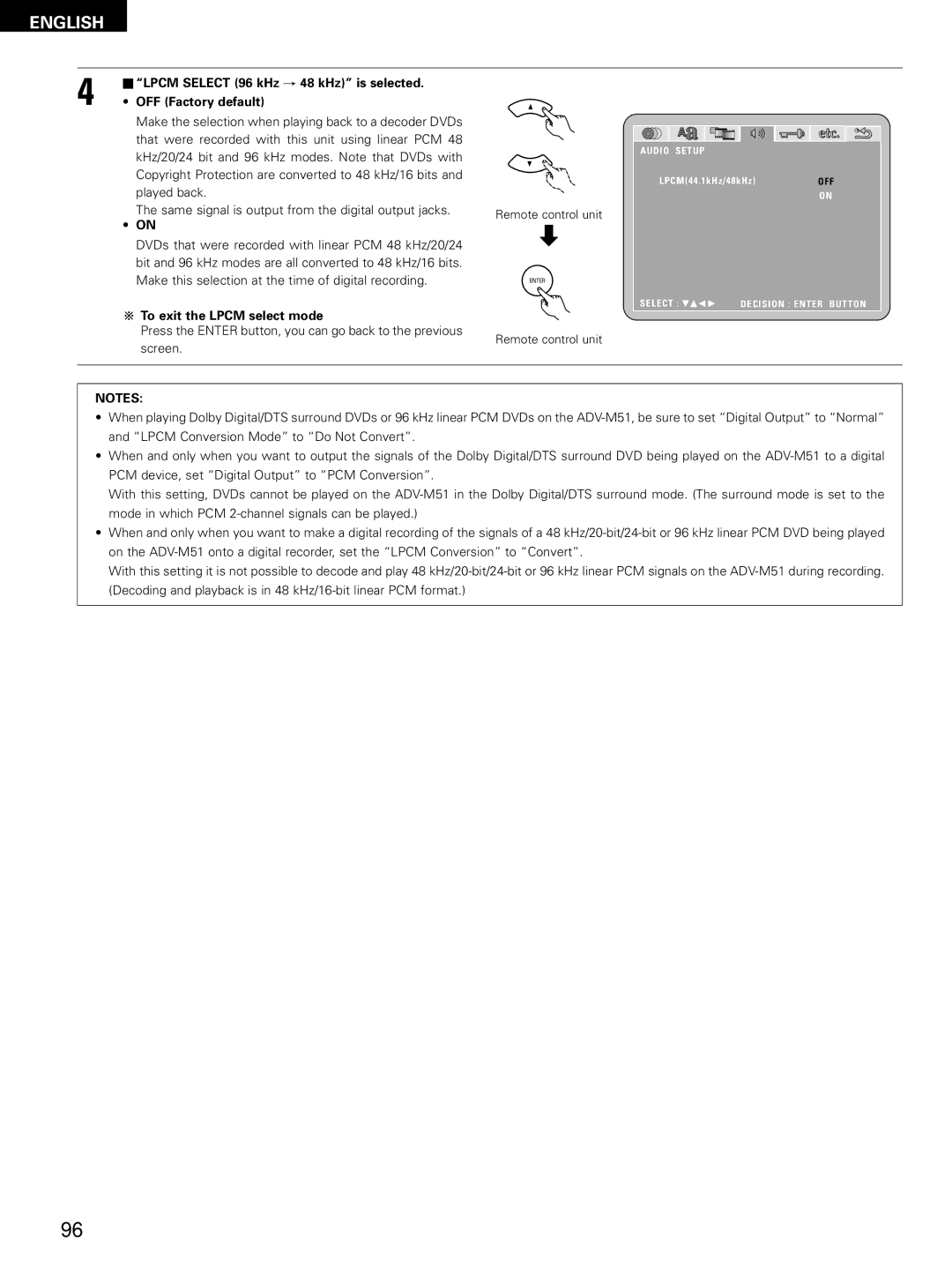 Denon D-M51DVS, ADVM51, ADV-M51 manual OFF Factory default, To exit the Lpcm select mode 