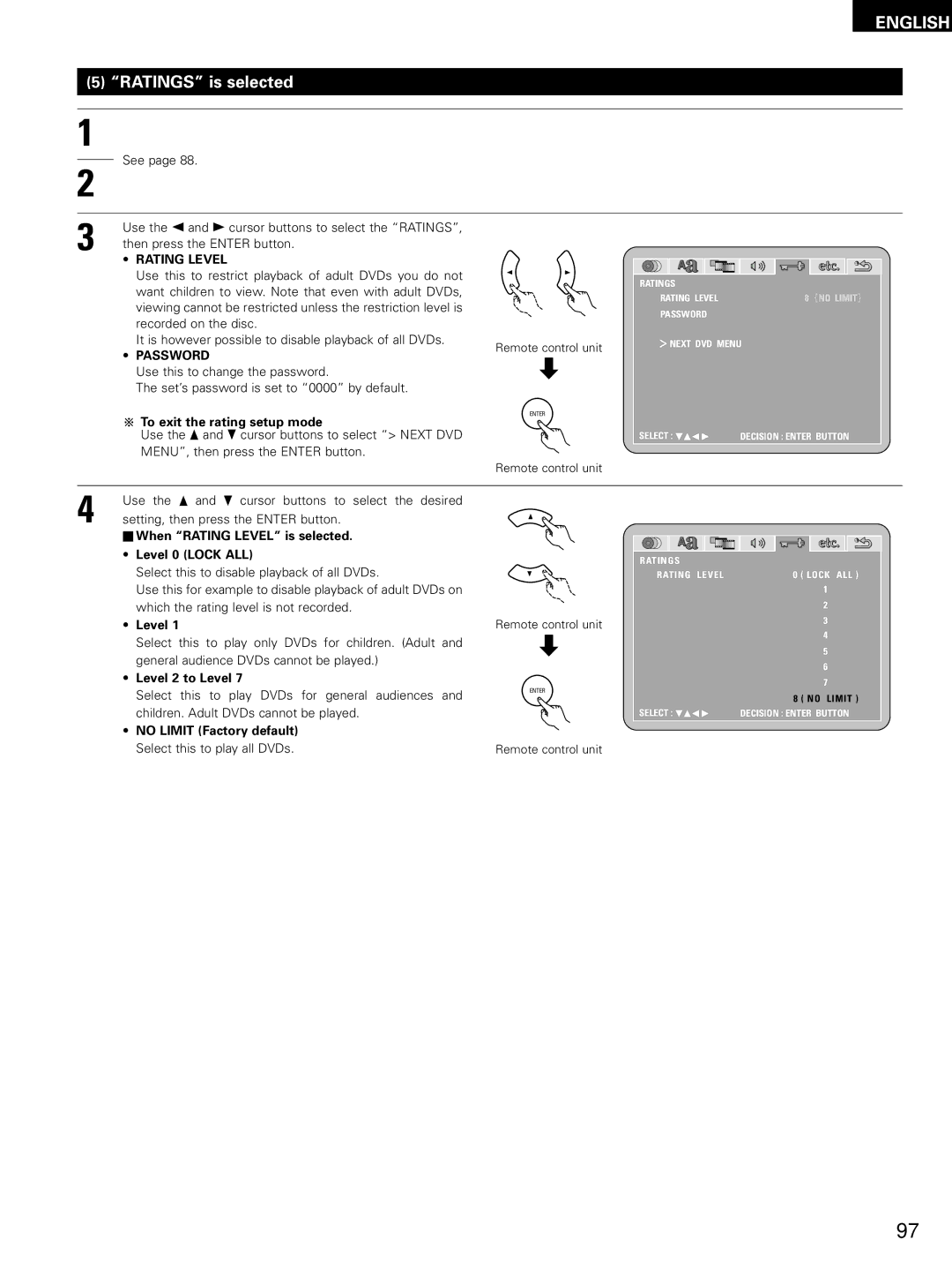 Denon ADV-M51, D-M51DVS, ADVM51 manual Ratings is selected, Rating Level, Password 