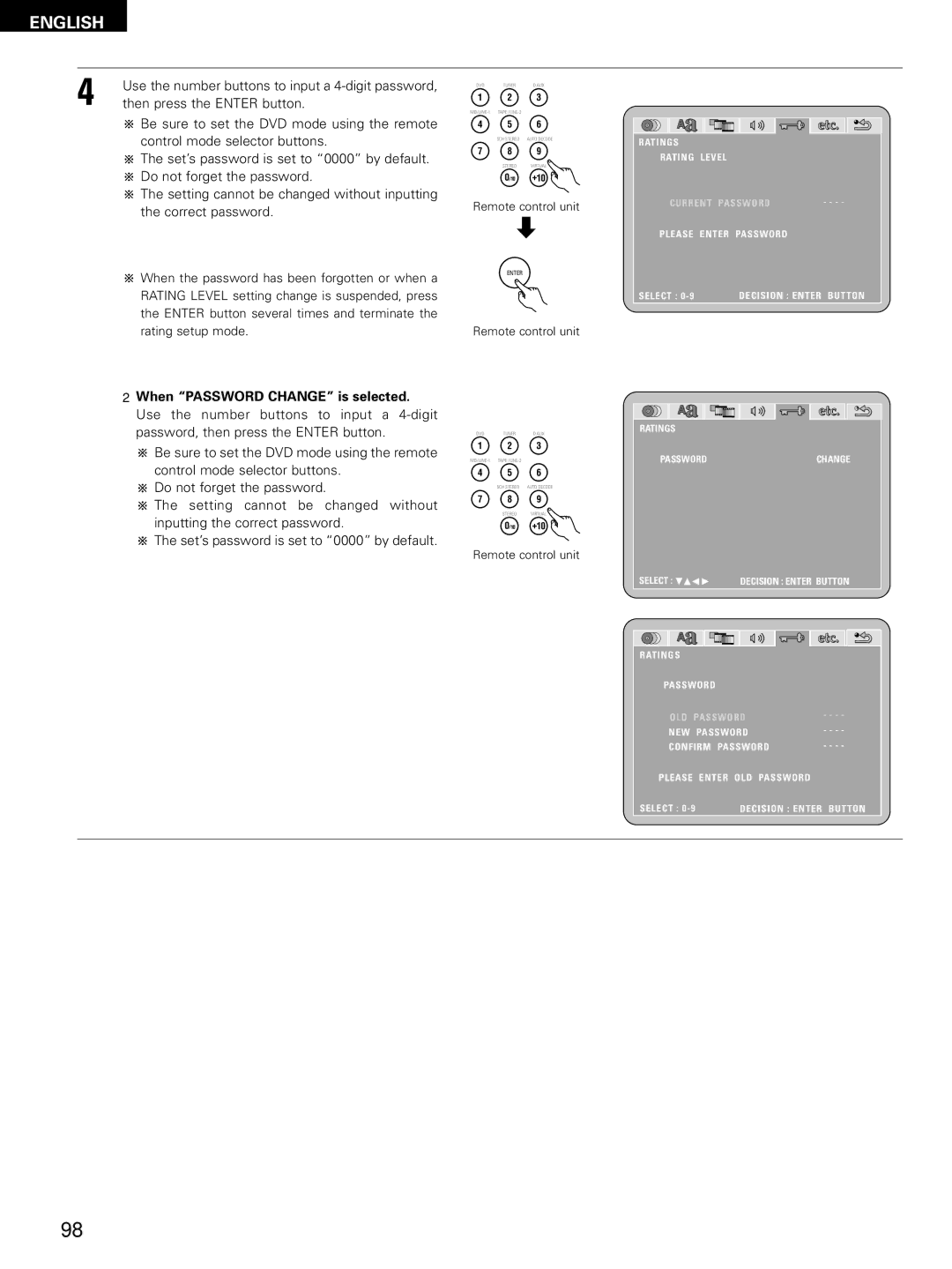 Denon D-M51DVS, ADVM51, ADV-M51 manual Use the number buttons to input a 4-digit password 