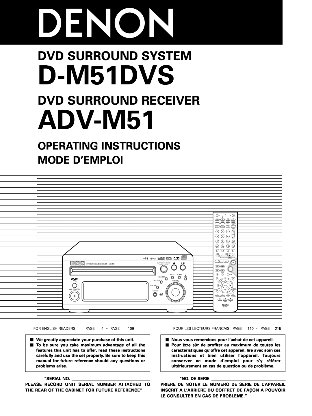 Denon ADV-M51 manual Operating Instructions Mode D’Emploi, D-M51DVS, Dvd Surround System, Dvd Surround Receiver 