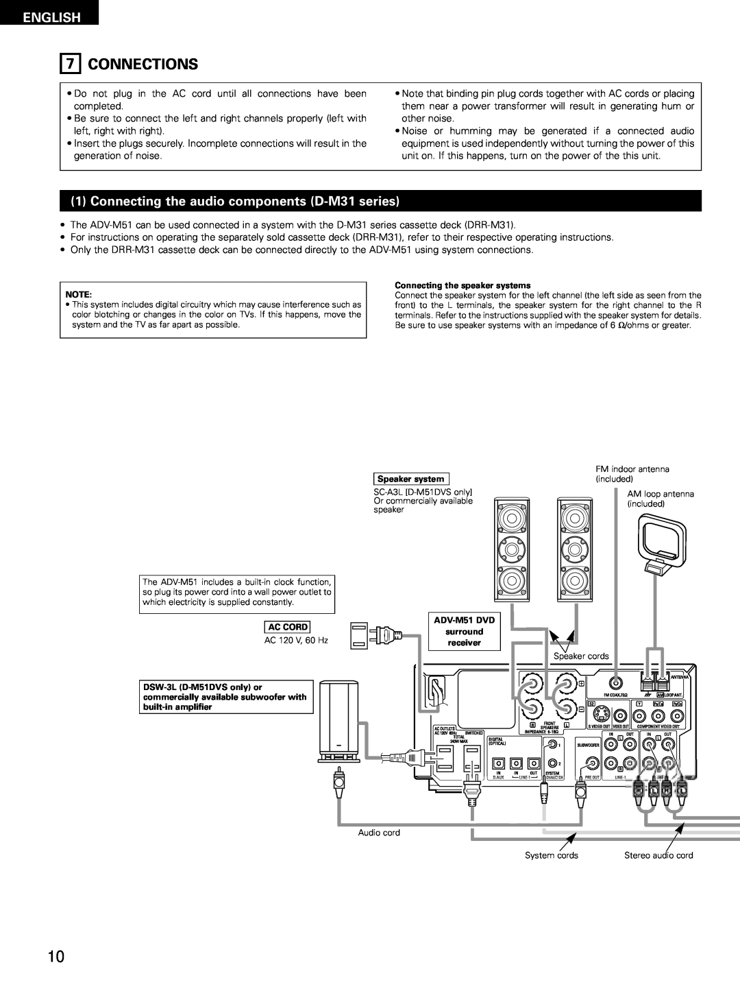 Denon D-M51DVS, ADVM51, ADV-M51 manual Connections, Connecting the audio components D-M31series, English 