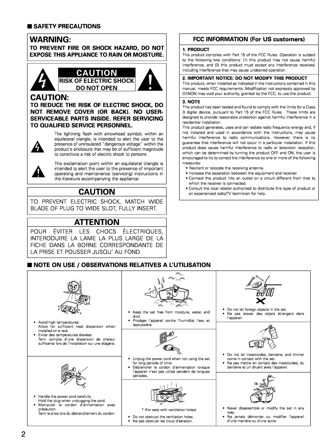Denon D-M51DVS, ADVM51, ADV-M51 2SAFETY PRECAUTIONS, Risk Of Electric Shock Do Not Open, FCC INFORMATION For US customers 