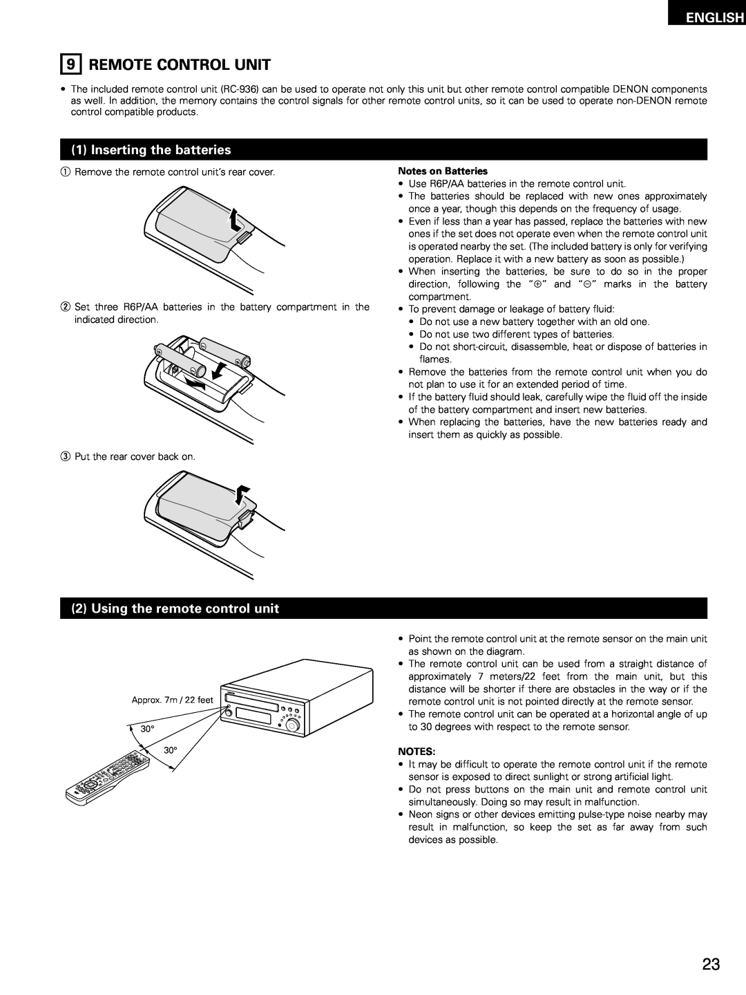 Denon ADV-M51 9REMOTE CONTROL UNIT, Inserting the batteries, Using the remote control unit, English, Notes on Batteries 