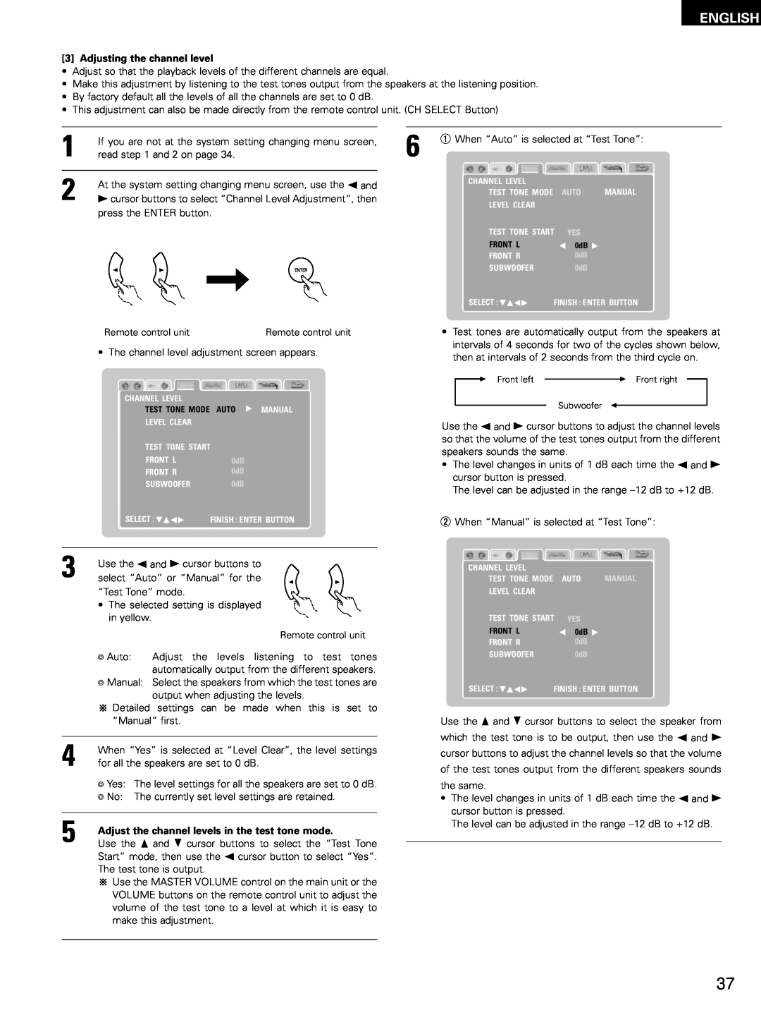 Denon ADV-M51 manual English, Adjusting the channel level, q When “Auto” is selected at “Test Tone”, read and 2 on page 