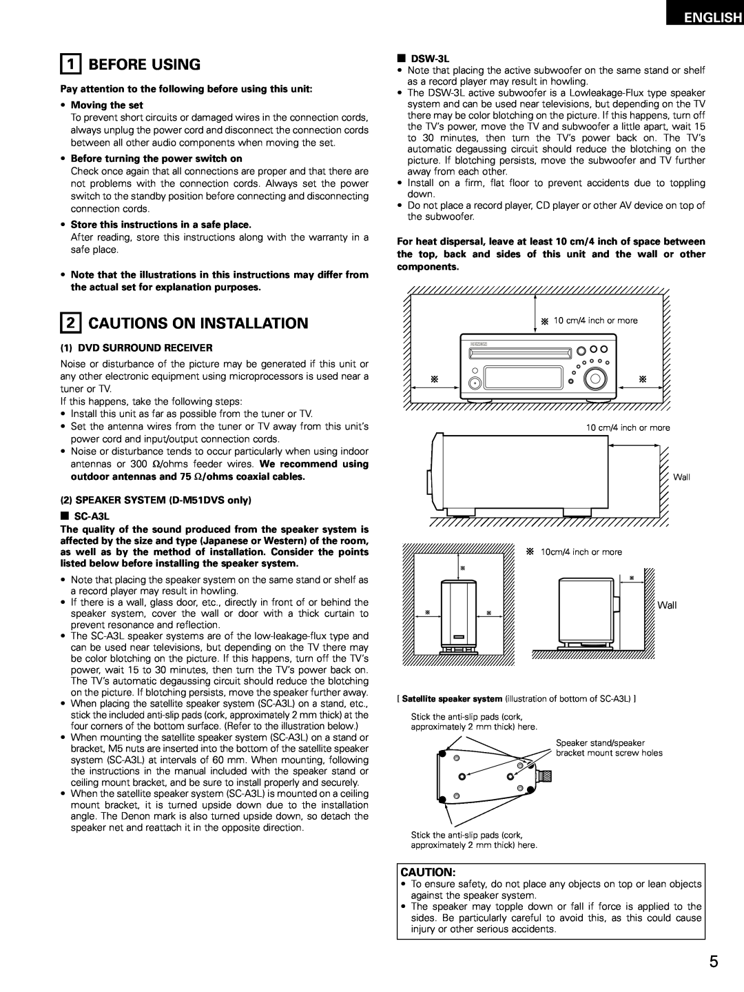 Denon ADV-M51 manual Before Using, 2CAUTIONS ON INSTALLATION, English, Moving the set, •Before turning the power switch on 