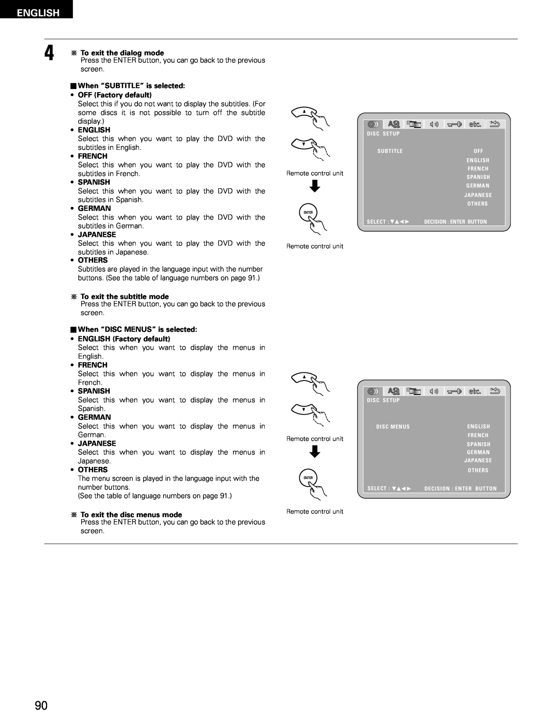 Denon D-M51DVS, ADVM51 manual To exit the dialog mode, 2When “SUBTITLE” is selected, • OFF Factory default, • English 
