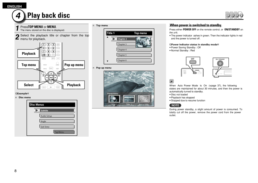 Denon DBP-2012UDCI owner manual Top menu Pop up menu, When power is switched to standby, SelectPlayback 