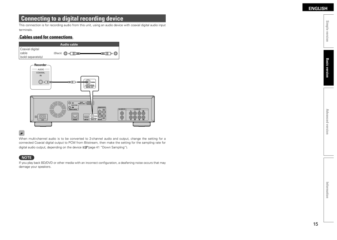 Denon DBP-2012UDCI Connecting to a digital recording device, Coaxial digital CableBlack sold separately, Recorder 