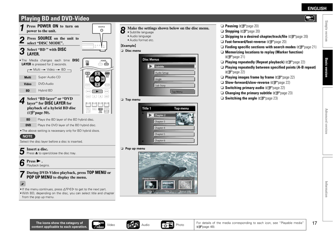 Denon DBP-2012UDCI Playing BD and DVD-Video, Nn Skipping to a desired chapter/track/file vpage, Points A-B repeat 