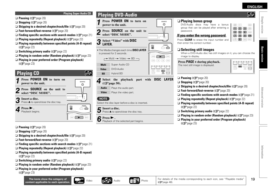 Denon DBP-2012UDCI owner manual Playing DVD-Audio, Playing CD, NnPlaying bonus group, NnSelecting still images 