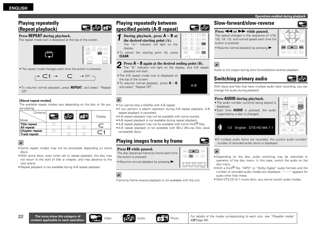 Denon DBP-2012UDCI owner manual Playing repeatedly, Repeat playback, Slow-forward/slow-reverse, Switching primary audio 