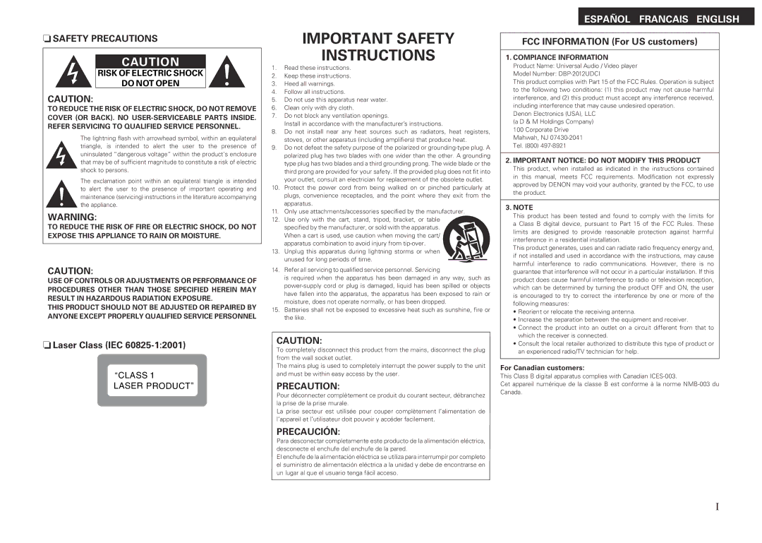 Denon DBP-2012UDCI owner manual Compiance Information, Important Notice do not Modify this Product, For Canadian customers 