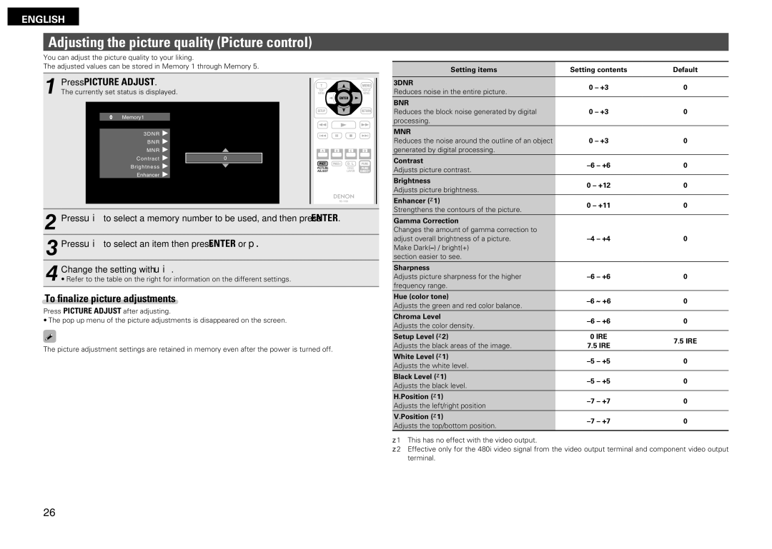 Denon DBP-2012UDCI owner manual Adjusting the picture quality Picture control, To finalize picture adjustments 