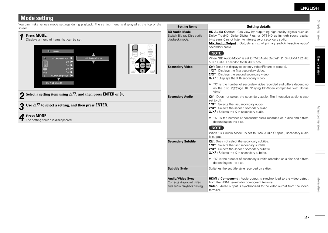 Denon DBP-2012UDCI owner manual Mode setting 