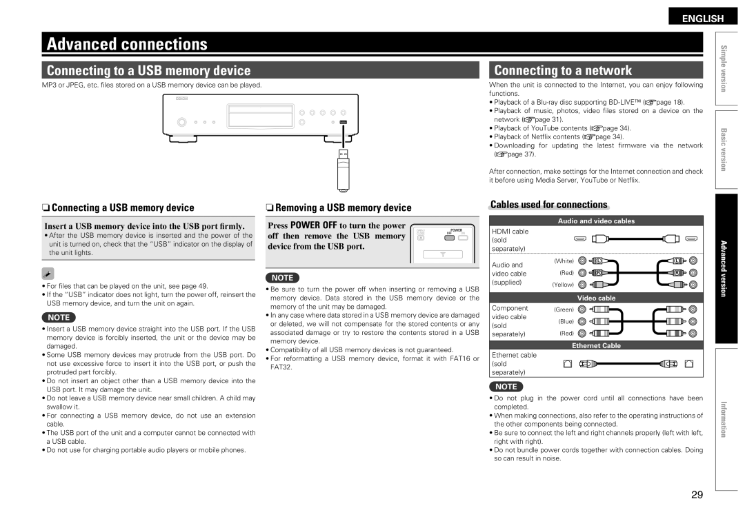 Denon DBP-2012UDCI owner manual Advanced connections, Connecting to a USB memory device, Connecting to a network 