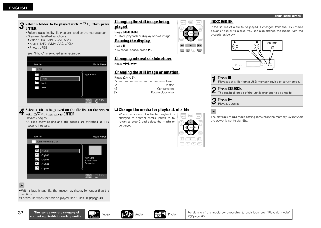 Denon DBP-2012UDCI owner manual Changing the still image being played, Pausing the display, Changing interval of slide show 