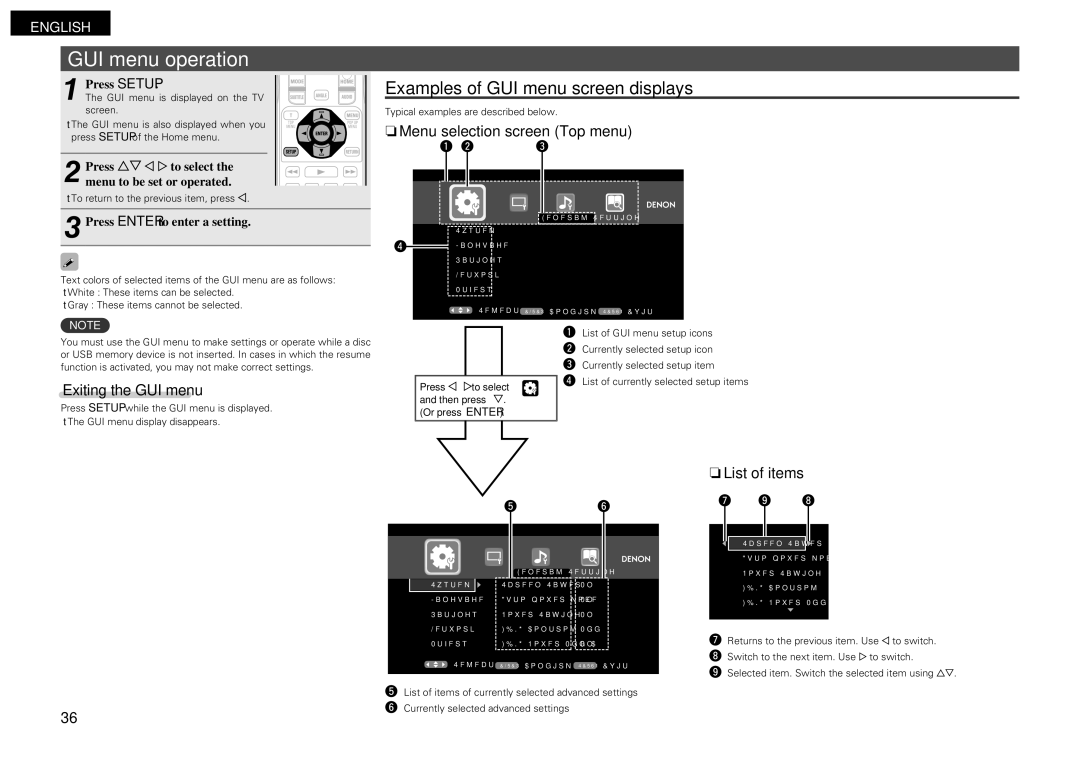 Denon DBP-2012UDCI owner manual GUI menu operation, Examples of GUI menu screen displays, NnMenu selection screen Top menu 