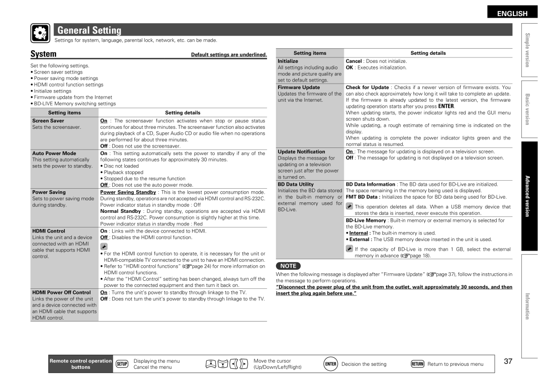 Denon DBP-2012UDCI owner manual General Setting, System 