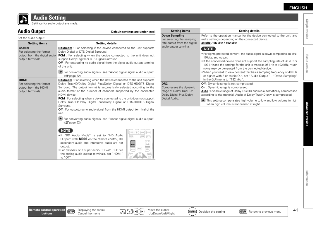 Denon DBP-2012UDCI owner manual Audio Setting, Audio Output, Hdmi, Drc 