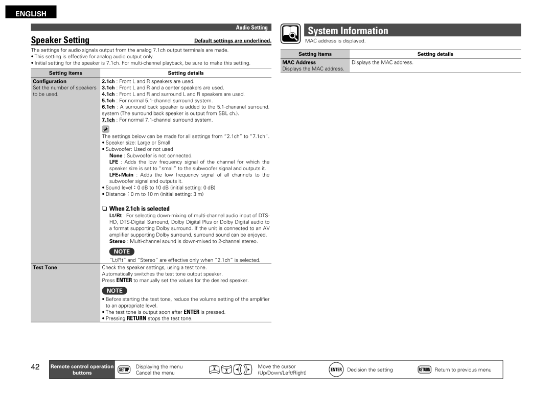 Denon DBP-2012UDCI owner manual System Information, Speaker Setting, Nn When 2.1ch is selected, Test Tone 