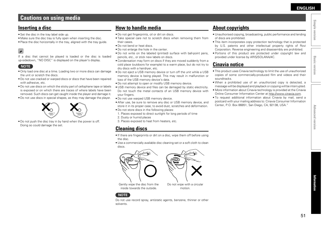 Denon DBP-2012UDCI owner manual Inserting a disc, How to handle media, Cleaning discs, About copyrights, Cinavia notice 