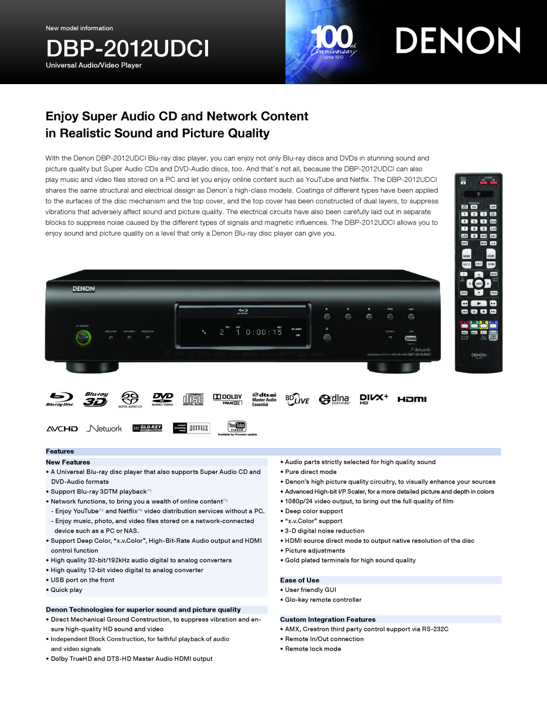 Denon DBP-2012UDCI manual Features New Features, Ease of Use, Denon Technologies for superior sound and picture quality 