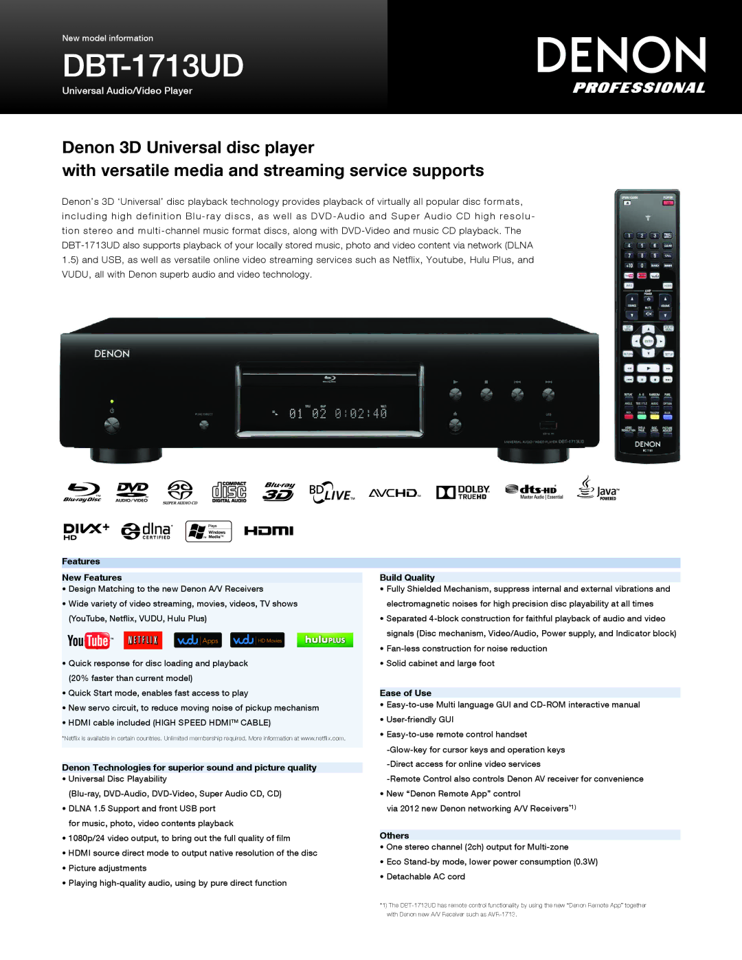 Denon DBT-1713UD manual Features New Features, Denon Technologies for superior sound and picture quality, Build Quality 