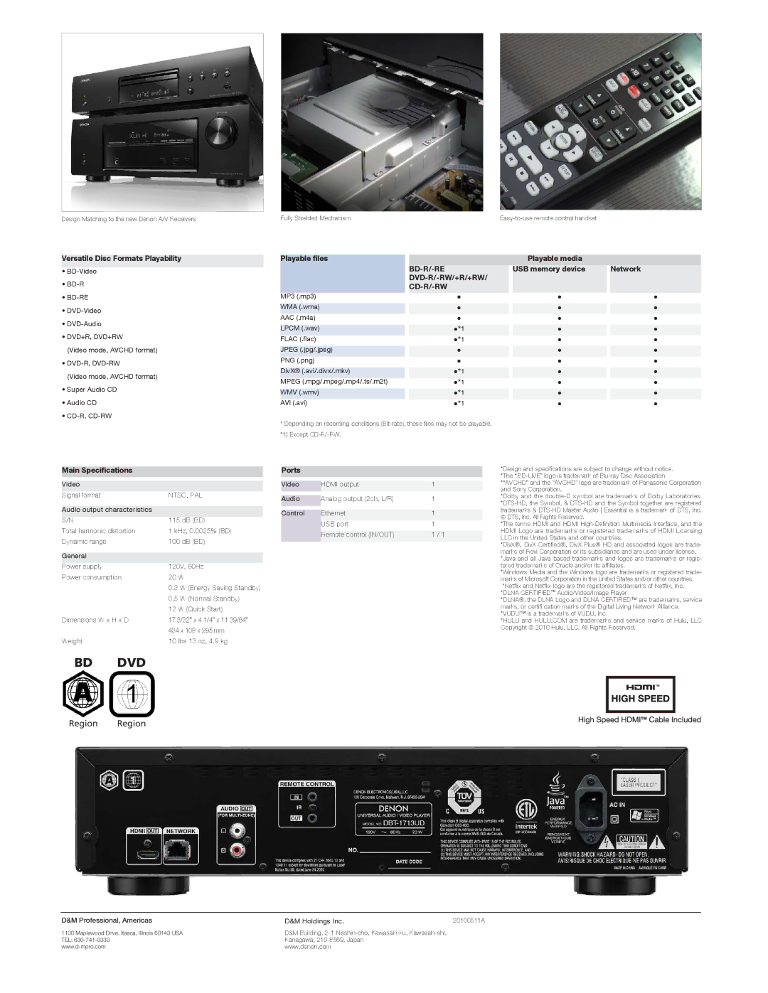 Denon DBT-1713UD manual Versatile Disc Formats Playability, Playable files Playable media, USB memory device Network, Ports 