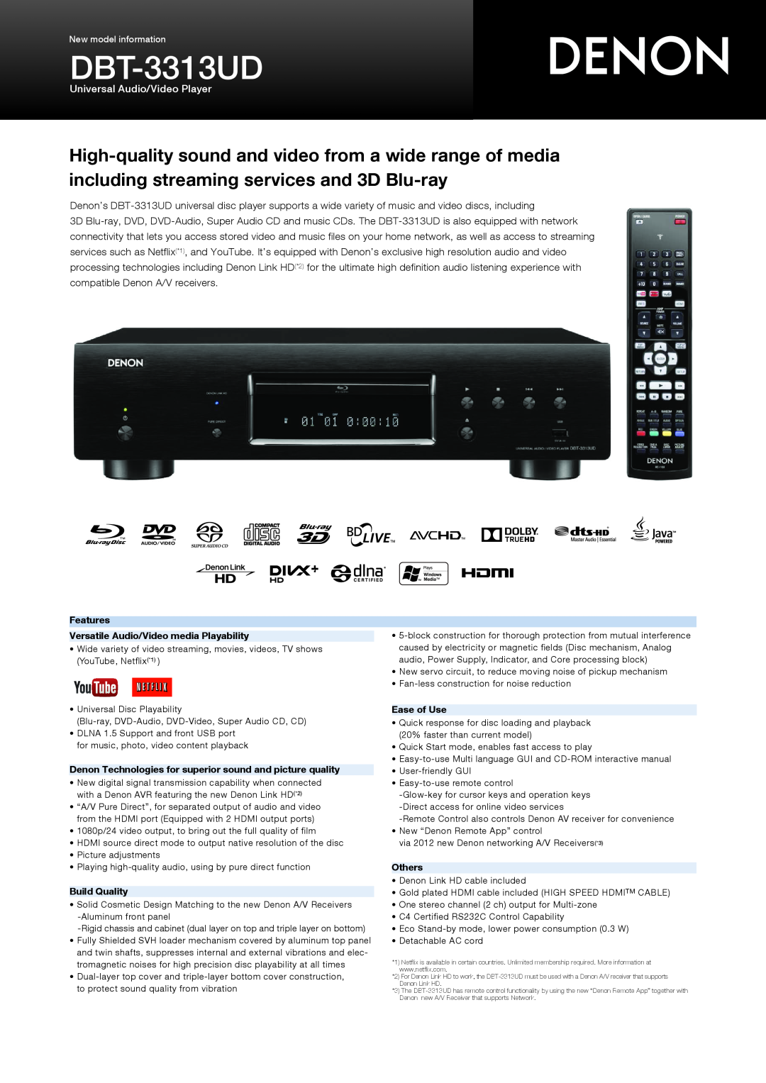 Denon DBT-3313UD quick start Universal Audio/Video Player 