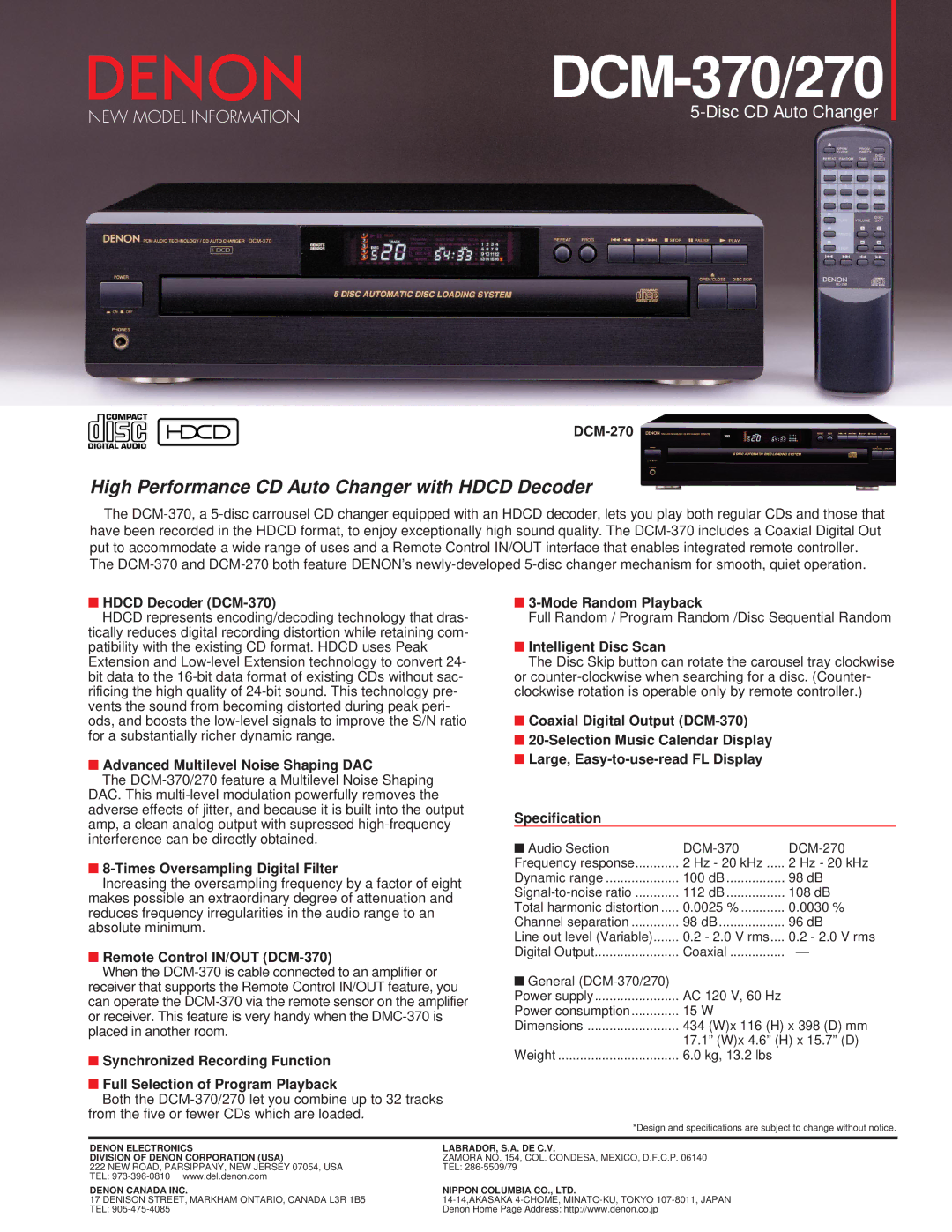 Denon DCM-270 dimensions DCM-370/270, High Performance CD Auto Changer with Hdcd Decoder 