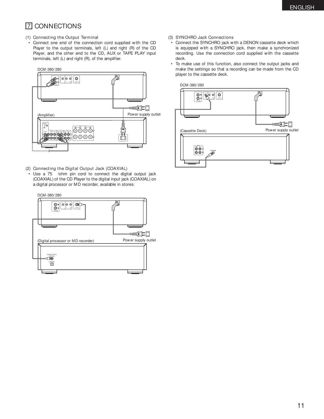 Denon DCM-280 Connecting the Output Terminal, Synchro Jack Connections, Connecting the Digital Output Jack Coaxial 