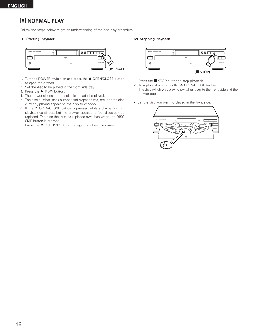 Denon DCM-280 operating instructions Normal Play, Starting Playback, Stopping Playback 