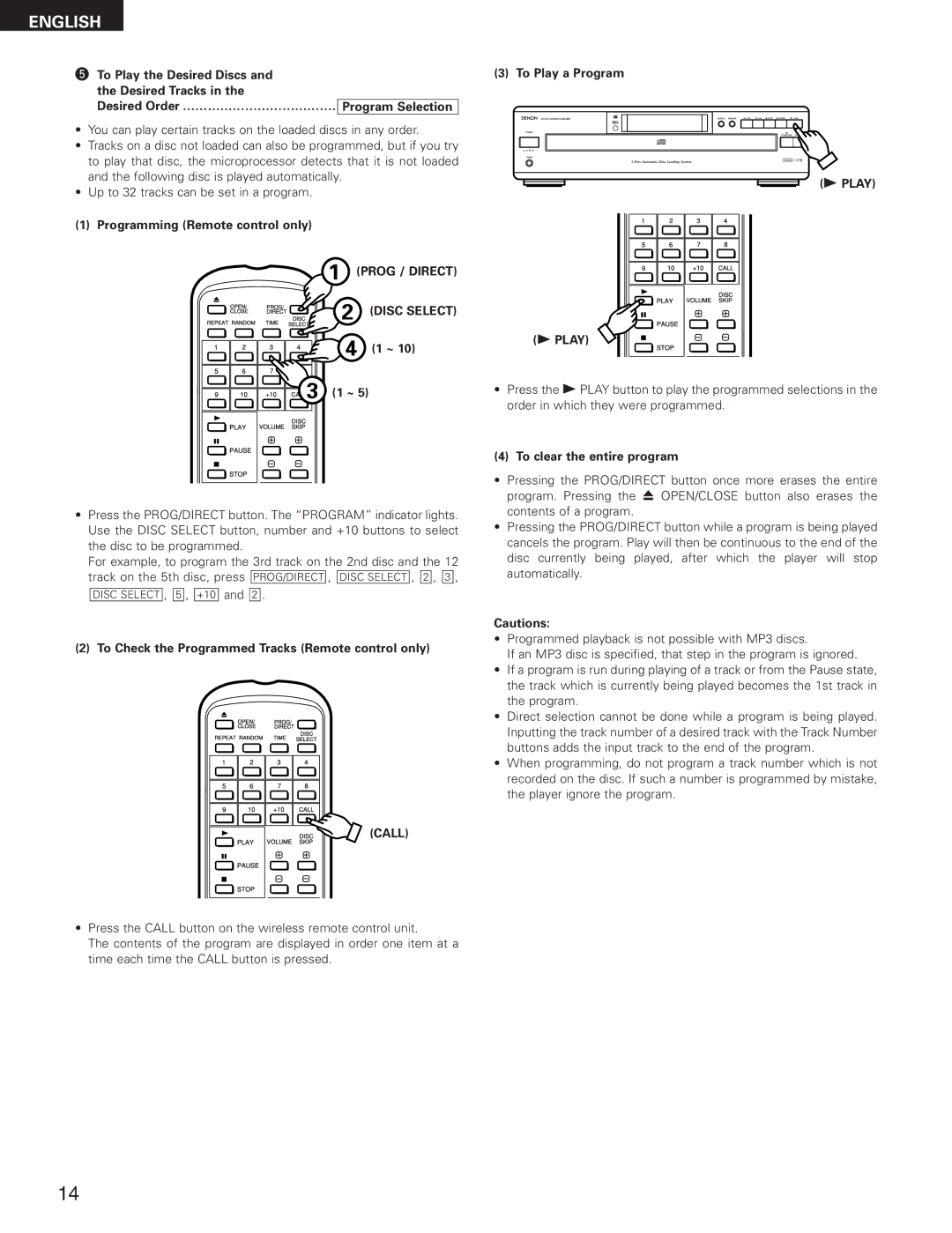 Denon DCM-280 operating instructions Prog / Direct Disc Select, Call 