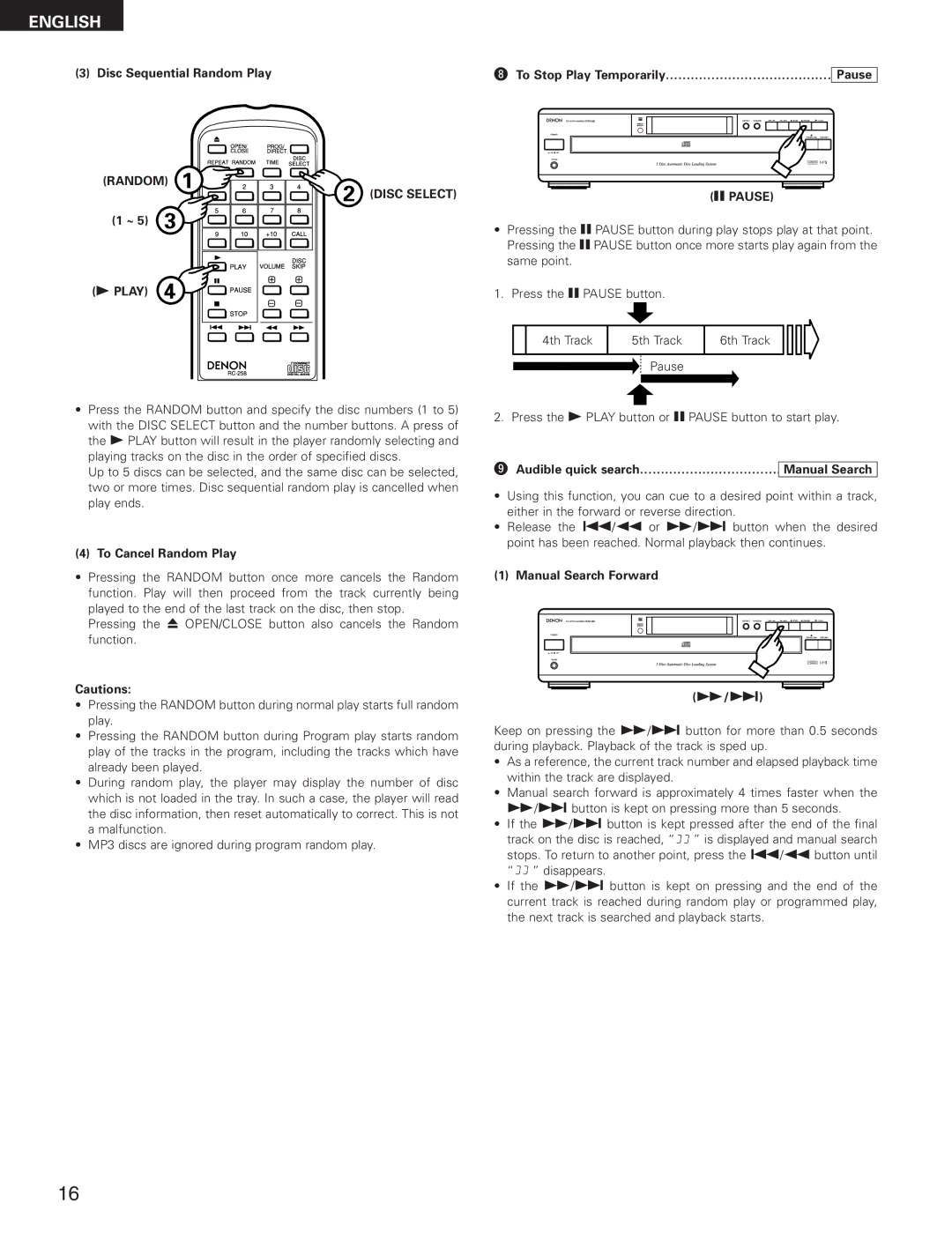 Denon DCM-280 operating instructions Random Disc Select, Pause 