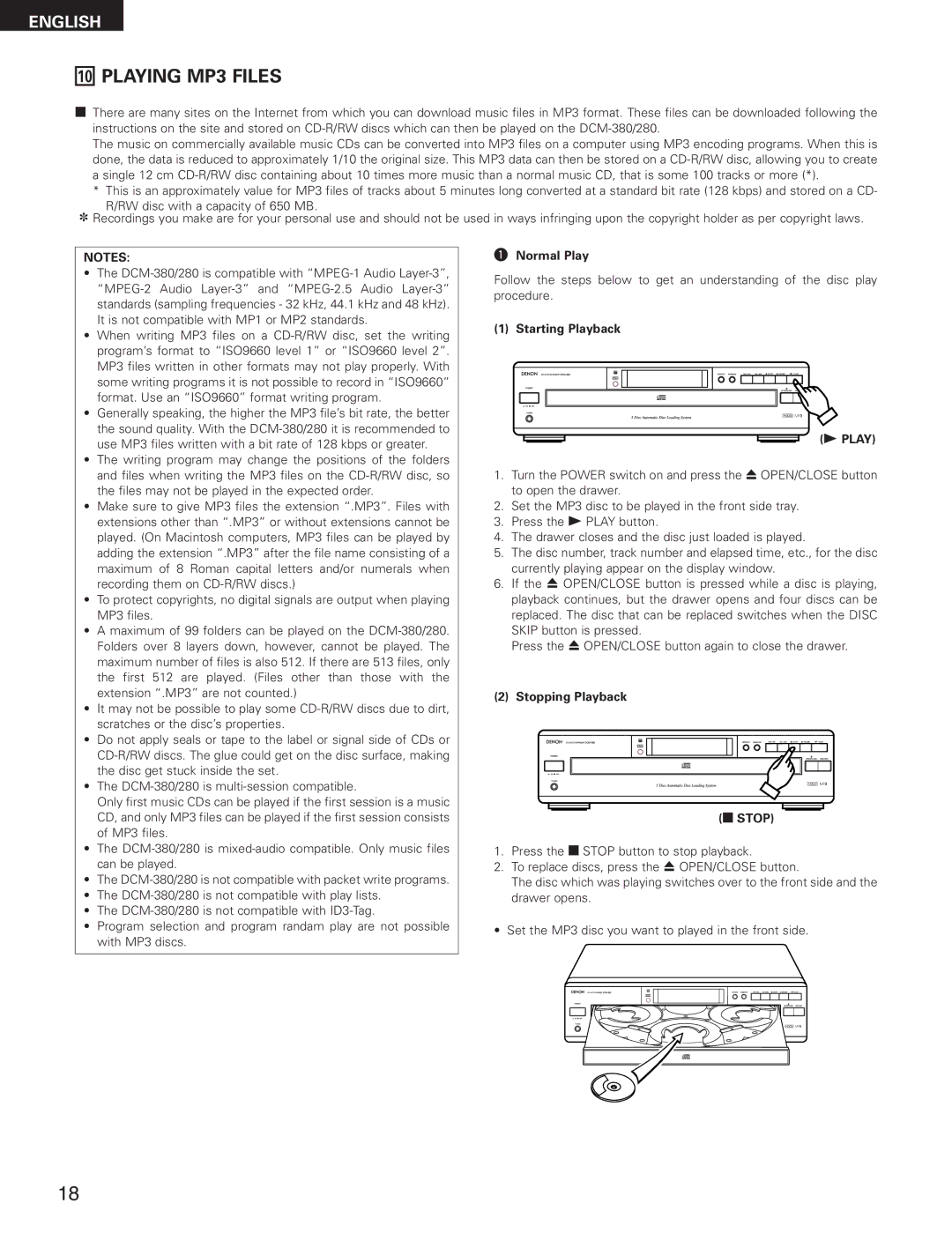 Denon DCM-280 operating instructions Playing MP3 Files, Normal Play 