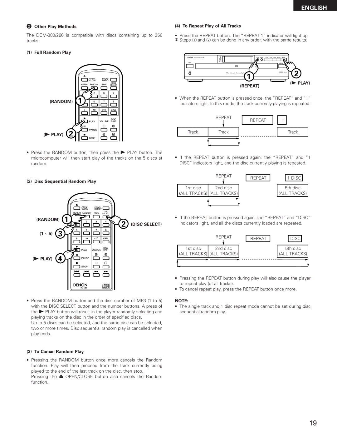 Denon DCM-280 operating instructions Other Play Methods, To Repeat Play of All Tracks, Play Random 