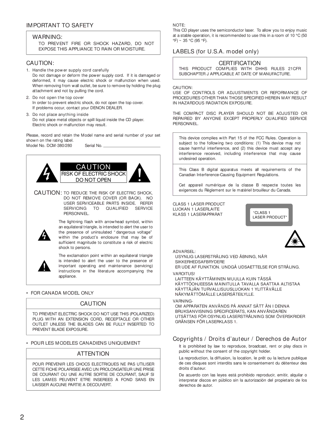 Denon DCM-280 Risk of Electric Shock Do not Open, For Canada Model only, Pour LES Modeles Canadiens Uniquement 