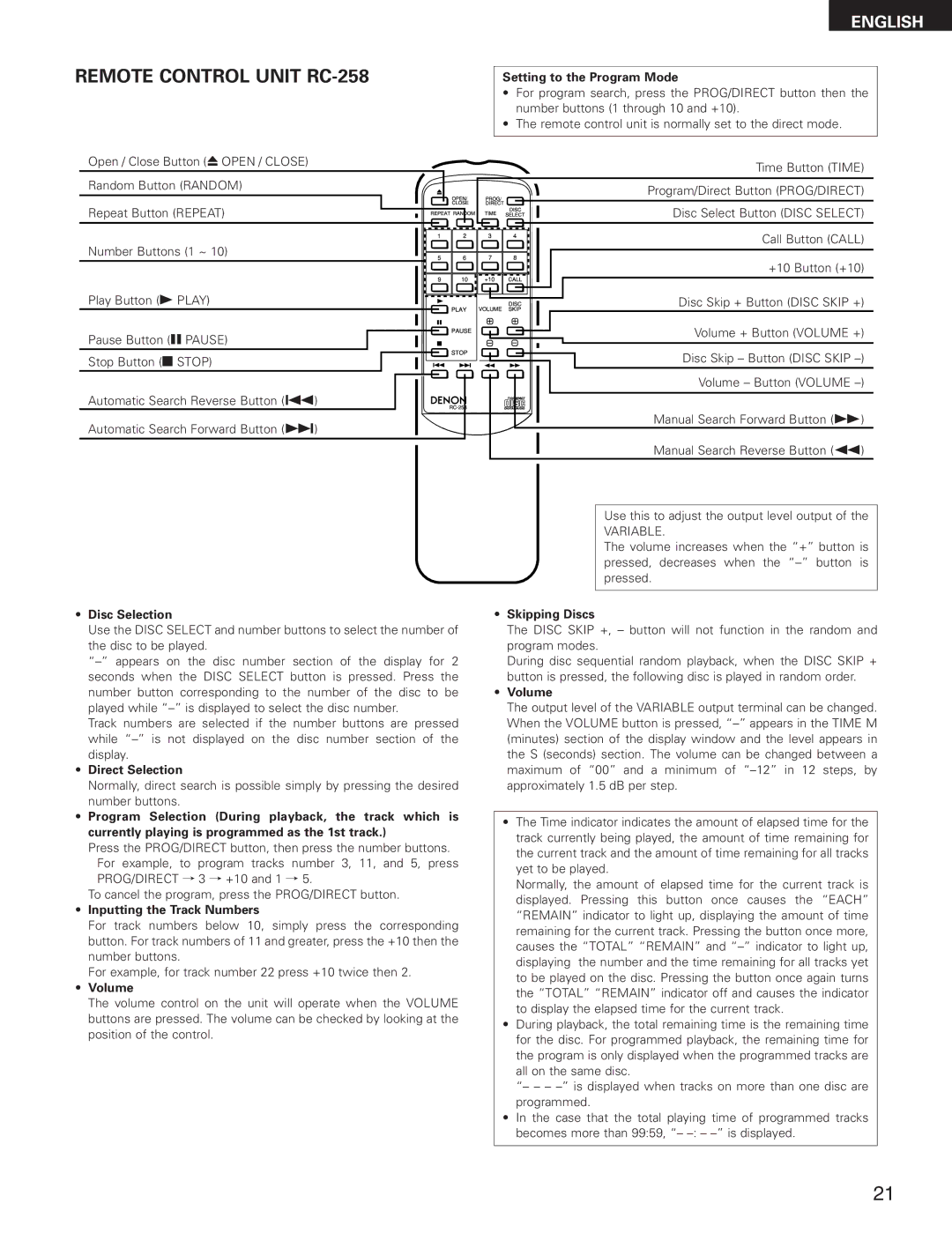 Denon DCM-280 operating instructions Remote Control Unit RC-258 