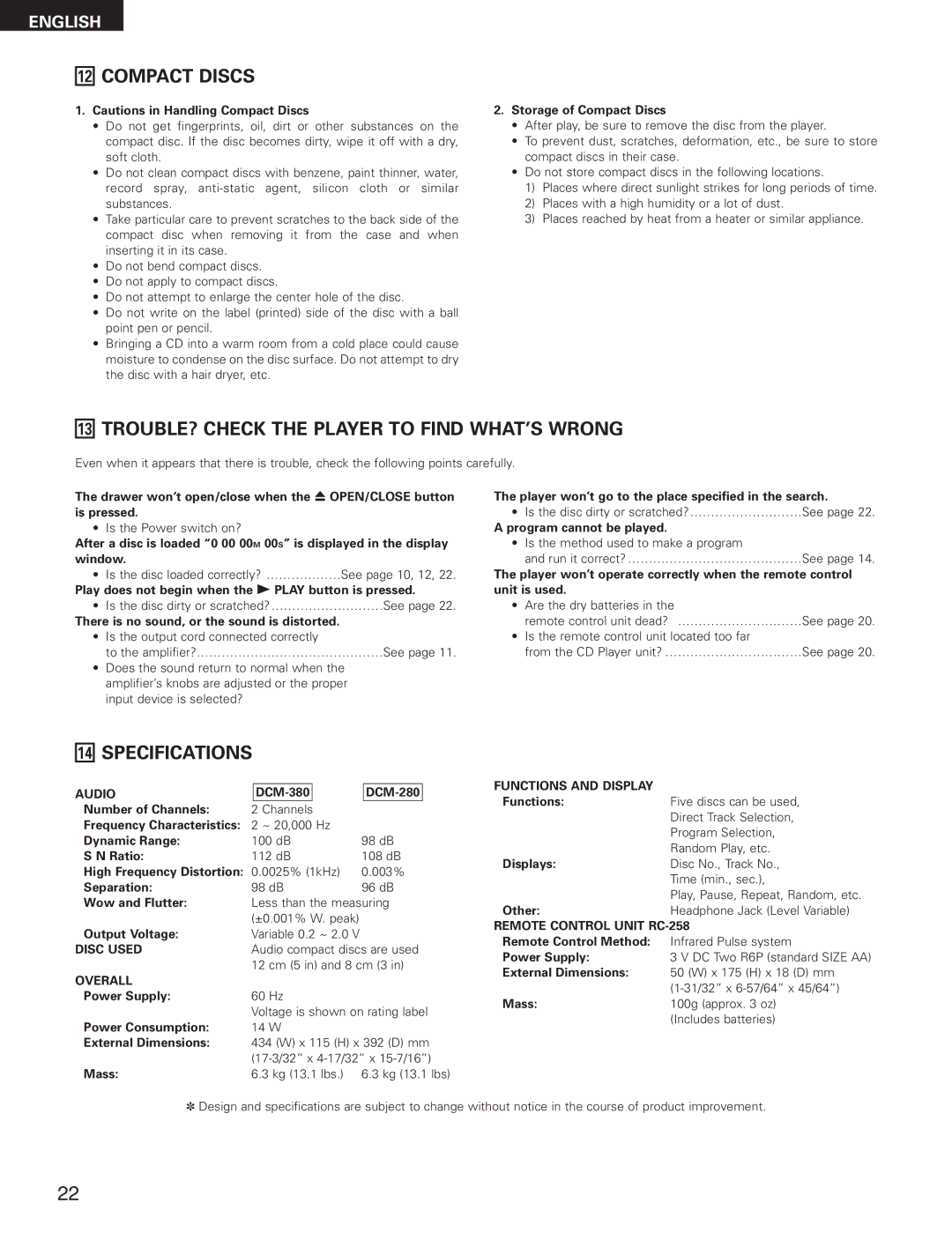 Denon DCM-280 operating instructions Compact Discs, TROUBLE? Check the Player to Find WHAT’S Wrong, Specifications 