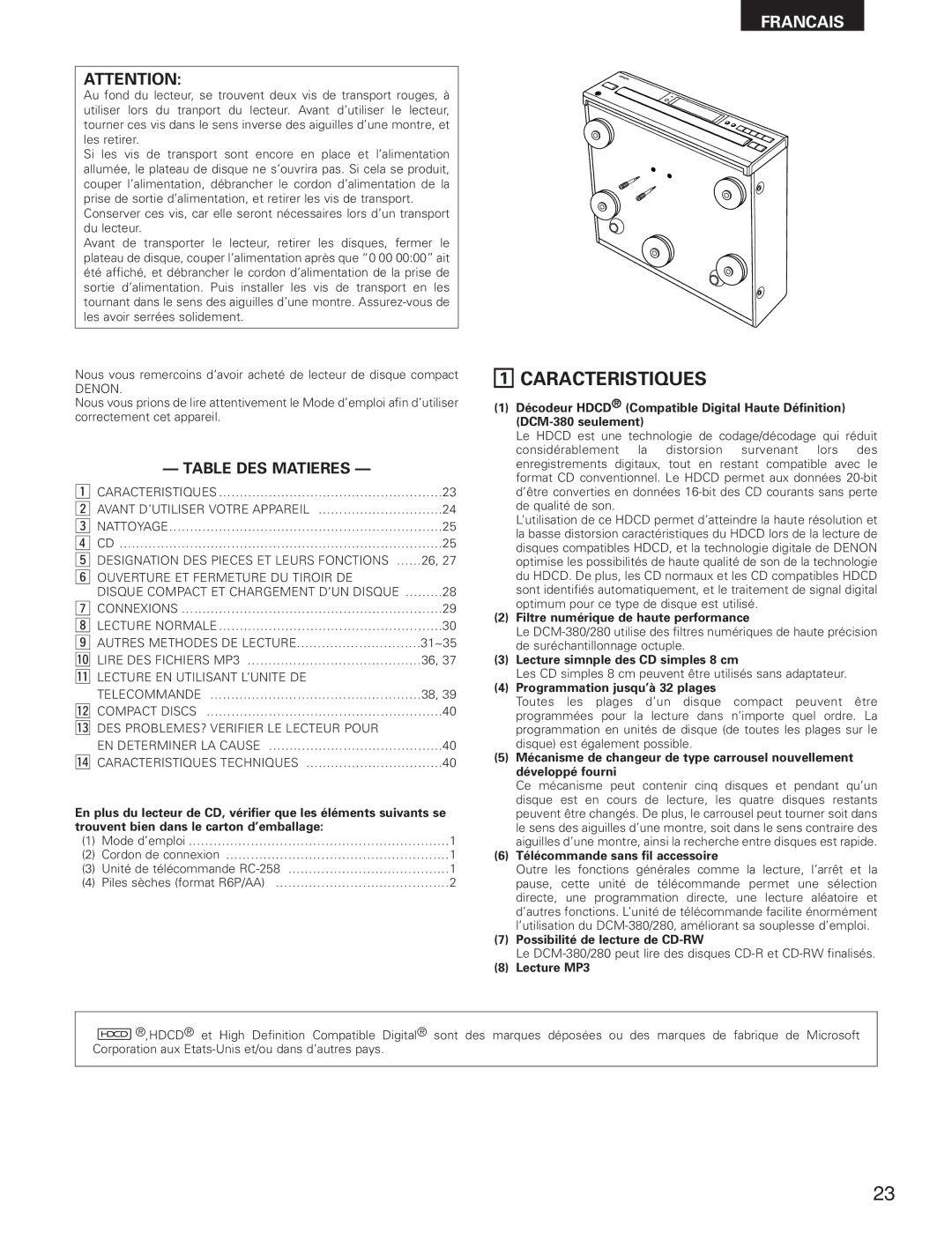 Denon DCM-280 operating instructions Caracteristiques, Table DES Matieres 