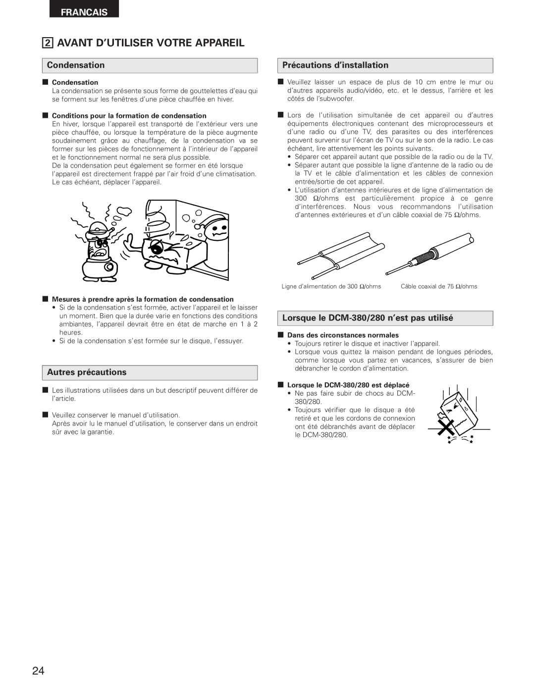 Denon DCM-280 operating instructions Avant D’UTILISER Votre Appareil, Autres précautions, Précautions d’installation 