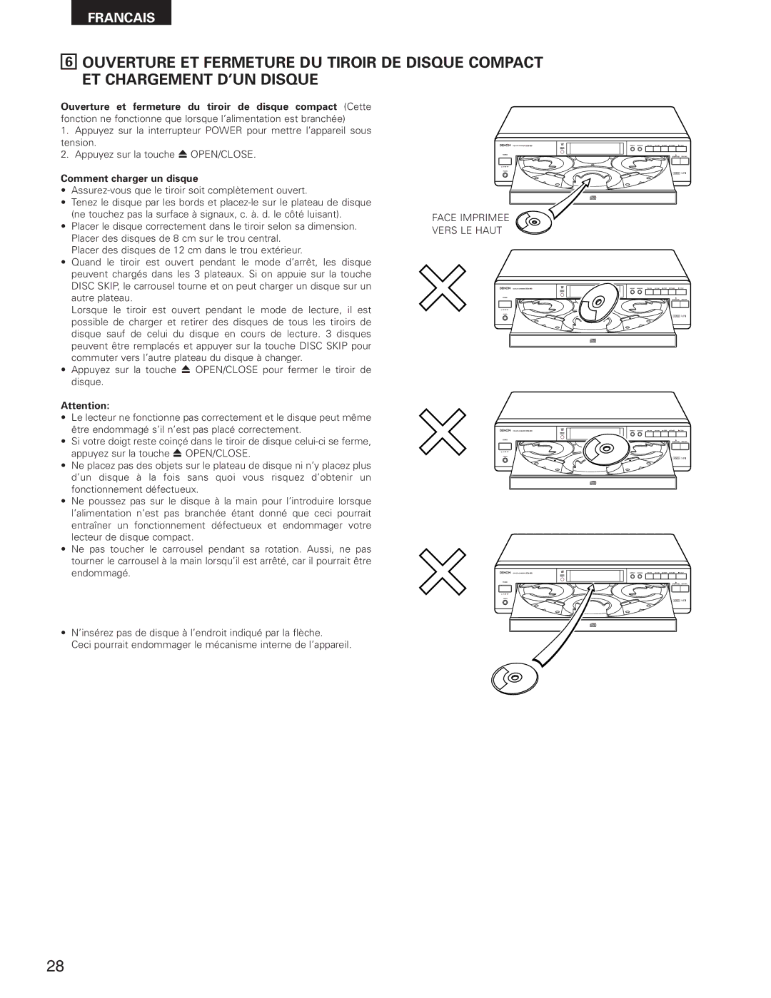 Denon DCM-280 operating instructions Comment charger un disque, Face Imprimee Vers LE Haut 